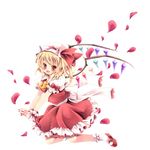  ascot blonde_hair blush bow fang flandre_scarlet frilled_skirt frills guildones hat hat_ribbon medium_skirt open_mouth petals petticoat red_eyes red_skirt ribbon shirt side_ponytail skirt skirt_set smile solo touhou wings wrist_cuffs 