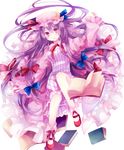  arm_up blush book crescent dress frills hair_ribbon hat ibara_riato long_hair open_mouth patchouli_knowledge pink_dress pink_eyes purple_hair ribbon solo striped striped_dress touhou 