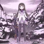  akemi_homura ammunition_belt argyle argyle_legwear black_hair black_legwear blue_eyes gun highres injury kahis_(sweetbriar) long_hair m249 machine_gun magical_girl mahou_shoujo_madoka_magica pantyhose ribbon ruins shell_casing solo torn_clothes torn_legwear trigger_discipline weapon 