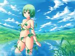  alcohol_(coldfront) bad_id bad_pixiv_id blue_eyes blush censored cloud convenient_censoring day flat_chest green_hair groin leaf looking_at_viewer nature navel nude original outdoors plant reflection short_hair sky smile solo vines wading water 