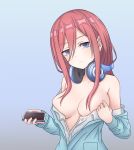  1girl :&lt; absurdres bare_shoulders blue_background blue_cardigan blue_eyes blush breasts cleavage closed_mouth collarbone commentary_request eyebrows_visible_through_hair go-toubun_no_hanayome hair_between_eyes head_tilt headphones headphones_around_neck highres holding holding_phone long_sleeves looking_at_viewer mahdi medium_breasts nakano_miku no_bra off_shoulder open_clothes open_shirt phone red_hair shirt smartphone_case solo undressing upper_body white_shirt 