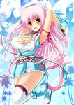  animal_ears belt blush breasts cat_ears cat_tail cleavage fang hair_ribbon highres large_breasts long_hair microphone open_mouth original palm_tree pink_hair ribbon shia_flatpaddy solo syroh tail thighhighs tree white_legwear 