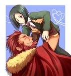  armor beard black_hair blush bob_cut cape facial_hair fate/zero fate_(series) green_eyes green_hair grin heart heart_of_string height_difference lifting_person male_focus multiple_boys necktie red_hair rider_(fate/zero) smile waver_velvet yzb-030 