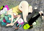  aqua_hair clock feet gin_(oyoyo) goggles goggles_on_head green_eyes gumi lying mismatched_legwear nail_polish navel on_side panties short_hair soles solo striped striped_panties tank_top toeless_legwear toenail_polish toes underwear vocaloid 