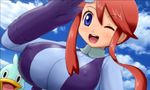  blue_eyes blush breasts covered_nipples ducklett fuuro_(pokemon) gen_5_pokemon large_breasts lowres mpo_stereogram one_eye_closed open_mouth pokemoa pokemon pokemon_(creature) pokemon_(game) pokemon_bw red_hair salute 