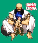  1girl barefoot beard blue_eyes blue_hair blush boots chain chang chang_koehan couple facial_hair green_background height_difference hetero hug hug_from_behind leona_heidern muscle navel ponytail rukiana sitting sitting_on_lap sitting_on_person size_difference the_king_of_fighters 