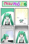  4koma anger_vein black_skirt bug catstudioinc_(punepuni) comic detached_sleeves green_eyes green_hair hair_ribbon hatsune_miku highres insect miniskirt mosquito necktie pleated_skirt ribbon shirt skirt solo thai translated twintails vocaloid window 