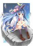  blue_hair blue_skirt blush boots brown_eyes cross-laced_footwear floating food frilled_skirt frills fruit hat hinanawi_tenshi leg_hug long_hair miniskirt nullken panties peach ribbon rock sitting skirt socks solo touhou underwear 