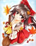  ascot autumn_leaves blush bow breasts broom brown_eyes brown_hair cleavage detached_sleeves dress from_above hair_bow hair_tubes hakurei_reimu looking_up marker_(medium) open_mouth red_dress rio0410 small_breasts smile solo touhou traditional_media 