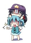  aqua_skirt beret biting black_skirt blood blood_on_face blue_hair blush_stickers chibi chibi_on_head expressive_clothes hat head_biting jiangshi miniskirt miyako_yoshika multiple_girls o_o ofuda on_head shirt short_hair skirt star takamu tatara_kogasa thumbs_up touhou translated 