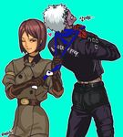  1girl back brown_eyes brown_hair k' korean one_eye_closed rukiana short_hair silver_hair simple_background sunglasses sweatdrop the_king_of_fighters uniform whip whip_(kof) 