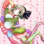  album_cover ass black_hairband blush bob_cut book bow cover cushion finger_to_mouth frilled_pillow frills ghost green_eyes hair_bow hairband hitodama ichihaya konpaku_youmu konpaku_youmu_(ghost) lying mismatched_legwear myon_(phrase) on_stomach pillow reading shushing silver_hair smile solo striped striped_legwear thighhighs touhou zettai_ryouiki 