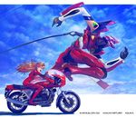  blue_eyes bodysuit boyaking brown_hair cloud eva_02 glint ground_vehicle long_hair magni magni_arturo motor_vehicle motorcycle neon_genesis_evangelion open_mouth plugsuit riding running sky souryuu_asuka_langley 