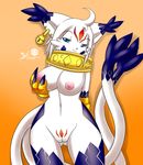  blue_eyes breasts cat claws collar digimon ear_piercing ear_rings feline female fur gatomon gatomon_x gatomon_x2 gloves mammal markings mnxenx001 multiple_tails navel nipples patterns paws piercing pussy ring solo tail twin_tails twintails white white_fur 