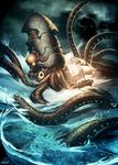  cloud cloudy_sky dark_sky genzoman kraken monster no_humans ocean original sail sea_monster ship signature sky storm tentacles water watercraft waves 