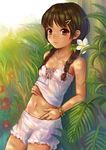  against_tree bad_id bad_pixiv_id bangs bare_shoulders bloomers blush bracelet braid breasts brown_eyes brown_hair cowboy_shot day flower hair_flower hair_ornament hair_over_shoulder hairclip hand_in_pants jewelry leaning light_smile midriff nature navel original outdoors plant shadow small_breasts solo tan tanline tree tree_shade twin_braids tyun underwear 