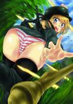  ass azu_(warehouse86) blonde_hair blue_eyes blush female girl grass helmet highres panties soldier underwear 