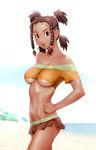  bare_shoulders beach braid breasts brown_eyes brown_hair collarbone dark_skin hand_on_hip long_hair looking_at_viewer md5_mismatch medium_breasts midriff moonbay navel no_bra ocean open_mouth short_shorts shorts solo twin_braids ueyama_michirou underboob zoids zoids_chaotic_century 