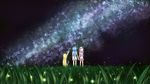  arakawa_under_the_bridge blonde_hair blue_hair bug crossover denpa_onna_to_seishun_otoko drawfag field firefly from_behind highres holding_hands hoshimiya_yashiro insect long_hair multiple_girls night night_sky nino_(arakawa) pink_hair sky star_(sky) stargazing starry_sky telescope touwa_erio wallpaper 