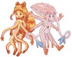  2girls 4n barefoot blush child extra_eyes flat_chest happy looking_at_viewer monster_girl multi_arm multiple_eyes multiple_girls octopus open_mouth outstretched_arms simple_background smile spread_arms squid tentacle 