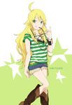  ahoge blonde_hair boots glasses green_eyes highres hoshii_miki idolmaster idolmaster_(classic) jewelry long_hair mitosa necklace shorts smile solo wristband 