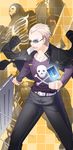  aile_(crossroads) blonde_hair blue_card bullet card collarbone desk floating_card glasses jacket_on_shoulders jewelry male_focus necklace persona persona_4 school_desk school_uniform skull_and_crossbones solo sunglasses take-mikazuchi tatsumi_kanji 