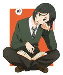  bad_id bad_pixiv_id black_eyes bob_cut book brown_hair fate/zero fate_(series) head_tilt highres indian_style looking_at_viewer male_focus necktie open_mouth pen sitting solo sweater umishima_senbon waver_velvet 