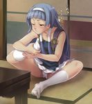  :&lt; ;&lt; bad_id bad_pixiv_id bangs blue_hair blunt_bangs collarbone face feet flat_chest full_body hair_tubes hairband holding_own_foot kannagi kira_keita kneehighs long_hair miniskirt nagi panties pantyshot plantar_flexion pleated_skirt skirt socks solo translation_request underwear upskirt white_skirt 