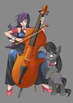  armband bow bow_(instrument) bowtie cello cutie_mark detached_collar dress dual_persona evening_gown grey_background high_heels horse instrument long_hair my_little_pony my_little_pony_friendship_is_magic octavia_melody personification pony purple_eyes purple_hair shoes sitting treble_clef wong_ying_chee wrist_cuffs 