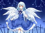  angel_wings blue_hair bow bowtie cross dress frills graveyard long_hair looking_at_viewer multiple_wings nanatuki13 open_hand open_mouth red_eyes sariel skirt_hold smile solo touhou touhou_(pc-98) tree_branch wings 