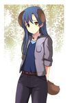  animal_ears arms_behind_back belt blue_hair brown_eyes dog_ears idolmaster idolmaster_(classic) kemonomimi_mode kisaragi_chihaya long_hair onion_(lemlaml) open_mouth pants revision sleeves_rolled_up solo tail 