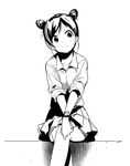  copyright_request crossed_legs double_bun greyscale miniskirt monochrome sitting skirt solo v_arms watarai_keiji watch 