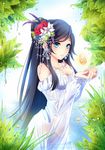  bad_id bad_pixiv_id bare_shoulders black_hair blue_eyes breasts cleavage collar day dew_drop dress earrings flower gold hair_flower hair_ornament hands jewelry kishichi leaf long_hair medium_breasts original outdoors rose solo water water_drop wet white_dress 