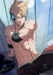  abs absurdres blonde_hair blue_eyes boxers elbow_pads headphones highres male_focus male_underwear manly mazjojo mazo_xeysbulc md5_mismatch muscle navel older record shirtless signature solo unbuttoned underwear 