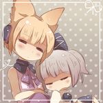  :3 bow brown_hair closed_eyes dress earmuffs hat heart japanese_clothes lowres mononobe_no_futo multiple_girls ponytail short_hair silver_hair sleeping tate_eboshi touhou toyosatomimi_no_miko yetworldview_kaze 