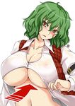  &gt;:( aoi_manabu areolae arm_strap arrow blush breasts buckle cleavage collarbone covered_nipples d: directional_arrow frown green_hair head_tilt huge_breasts kazami_yuuka looking_at_viewer navel open_clothes open_mouth open_shirt plaid plaid_vest red_eyes see-through shiny shiny_skin shirt short_hair signature simple_background solo sweat touhou underboob upper_body v-shaped_eyebrows vest wet wet_clothes wet_shirt white_background 