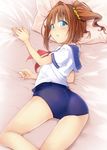  ass bad_id bad_pixiv_id bed bed_sheet blue_eyes brown_hair chika_(orange_pop) idolmaster idolmaster_(classic) lying no_pants one-piece_swimsuit pillow school_swimsuit school_uniform serafuku solo swimsuit swimsuit_under_clothes takatsuki_yayoi twintails 