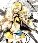  blonde_hair blue_eyes cable cd collar flapper_shirt headphones highres lily_(vocaloid) long_hair midriff miniskirt nail_polish navel open_mouth origa pleated_skirt shirt skirt smile solo vocaloid yellow_skirt 