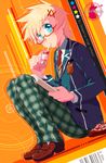  bad_id bad_pixiv_id bespectacled blazer blonde_hair blue_eyes copyright_name drink drinking_straw flynn_scifo full_body glasses hair_ornament hairclip jacket keiko_rin loafers male_focus necktie pants plaid plaid_pants red-framed_eyewear repede school_uniform shoes sitting solo tales_of_(series) tales_of_vesperia 