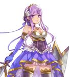  bare_shoulders breasts choker cross dress earrings elbow_gloves feathers gloves hair_feathers hair_ribbon highres jewelry long_hair medium_breasts momori pixiv_fantasia pixiv_fantasia_wizard_and_knight purple_eyes purple_hair ribbon shield simple_background solo strapless strapless_dress sword thighhighs tiara weapon 