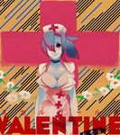  1girl bad_id bad_pixiv_id blue_hair breasts cleavage ebi_(soshoku) hair_over_one_eye hat large_breasts mask nurse red_eyes skullgirls solo valentine_(skullgirls) 