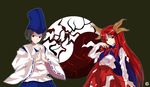 1girl alphes_(style) black_hair hands_clasped hat horns japanese_clothes kaoru_(gensou_yuugen-an) long_hair own_hands_together parody red_eyes red_hair shingyoku shingyoku_(male) style_parody tate_eboshi touhou touhou_(pc-98) yin_yang 