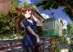  bad_id bad_pixiv_id brown_eyes brown_hair daishou dress kamakura_(city) original overhead_line pantograph pantyhose railroad_crossing railroad_tracks sailor_dress school_uniform streetcar tree 