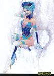  bare_shoulders blue_eyes blue_hair blue_rose_(tiger_&amp;_bunny) boots breasts cleavage crystal_earrings earrings elbow_gloves gloves gun hat high_heels highres hironox jewelry karina_lyle lipstick makeup medium_breasts non-web_source shoes short_hair solo superhero thigh_boots thighhighs tiger_&amp;_bunny weapon 