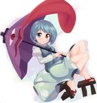  :o aqua_skirt bare_legs blue_hair blush geta heterochromia karakasa_obake looking_at_viewer medium_skirt print_skirt purple_eyes purple_umbrella red_eyes sawada_yuusuke short_hair skirt solo tatara_kogasa tongue touhou umbrella 