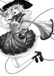  bare_legs black_sclera frilled_skirt frills hand_on_headwear hand_up hane_(azelye) hat jumping komeiji_koishi long_hair long_sleeves medium_skirt monochrome open_mouth simple_background skirt sleeves_past_wrists solo third_eye touhou wide_sleeves 