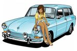  artist_request bad_feet bare_legs brown_hair car dark_skin denim denim_shorts ground_vehicle left-hand_drive legs motor_vehicle on_vehicle purple_eyes sandals short_hair shorts sitting solo volkswagen 