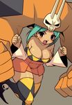  aqua_hair bad_id bad_pixiv_id bare_shoulders blush boots breasts cerebella_(skullgirls) cleavage curvy dark_skin detached_sleeves eyeshadow hat hips large_breasts living_clothes makeup miniskirt nail_polish nama_(tadpole) open_mouth purple_eyes skirt skullgirls smile solo thick_thighs thigh_boots thighhighs thighs vice-versa_(skullgirls) wide_hips 