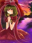  frills front_ponytail green_hair hair_ribbon kagiyama_hina miyakure red_eyes ribbon solo sunset touhou 