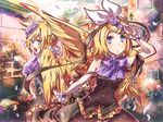  1girl blonde_hair blue_eyes brother_and_sister commentary_request flower hair_ribbon kagamine_len kagamine_rin ribbon short_hair siblings suou_sakura twins vocaloid wings 